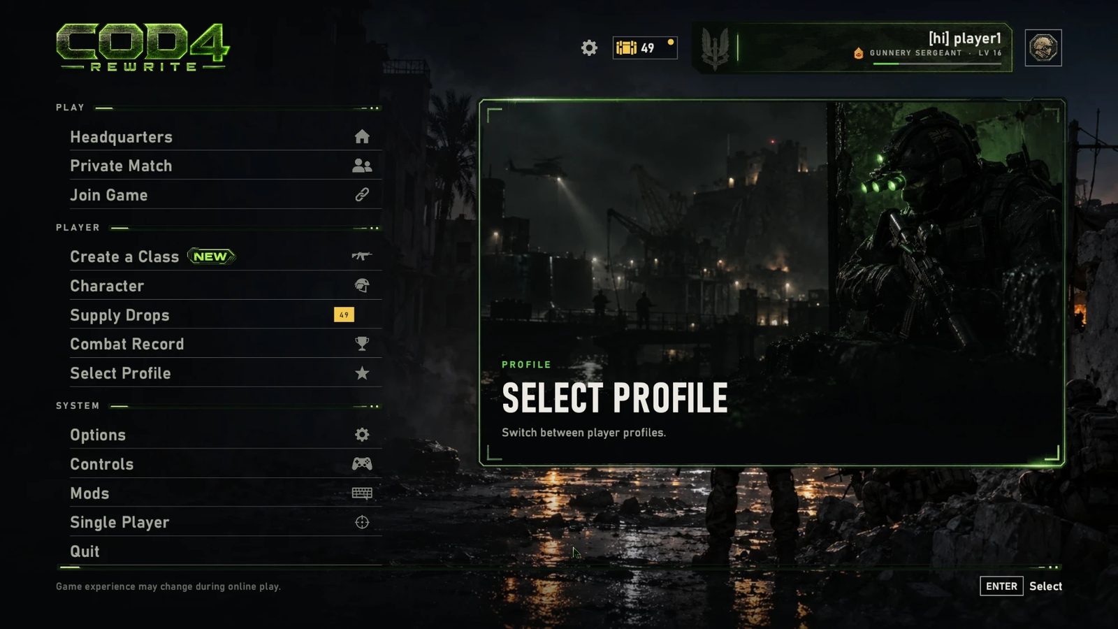 The CoD4 Rewrite main menu: Play, Player and System sections with a profile panel over a night-time city scene