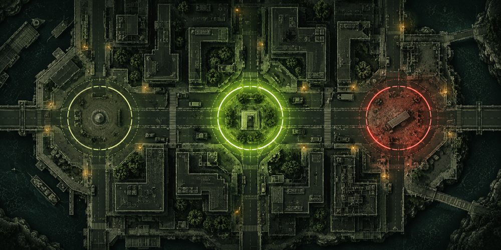 Top-down map with three glowing capture zones