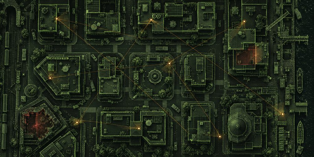 Top-down map with lines of sight between scattered players