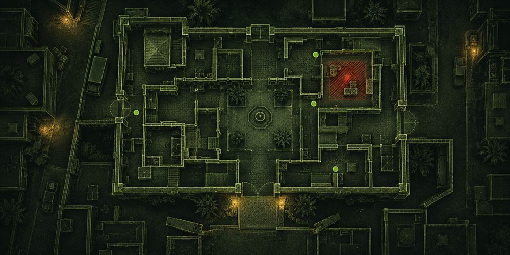 Top-down map of a walled compound with a bomb site