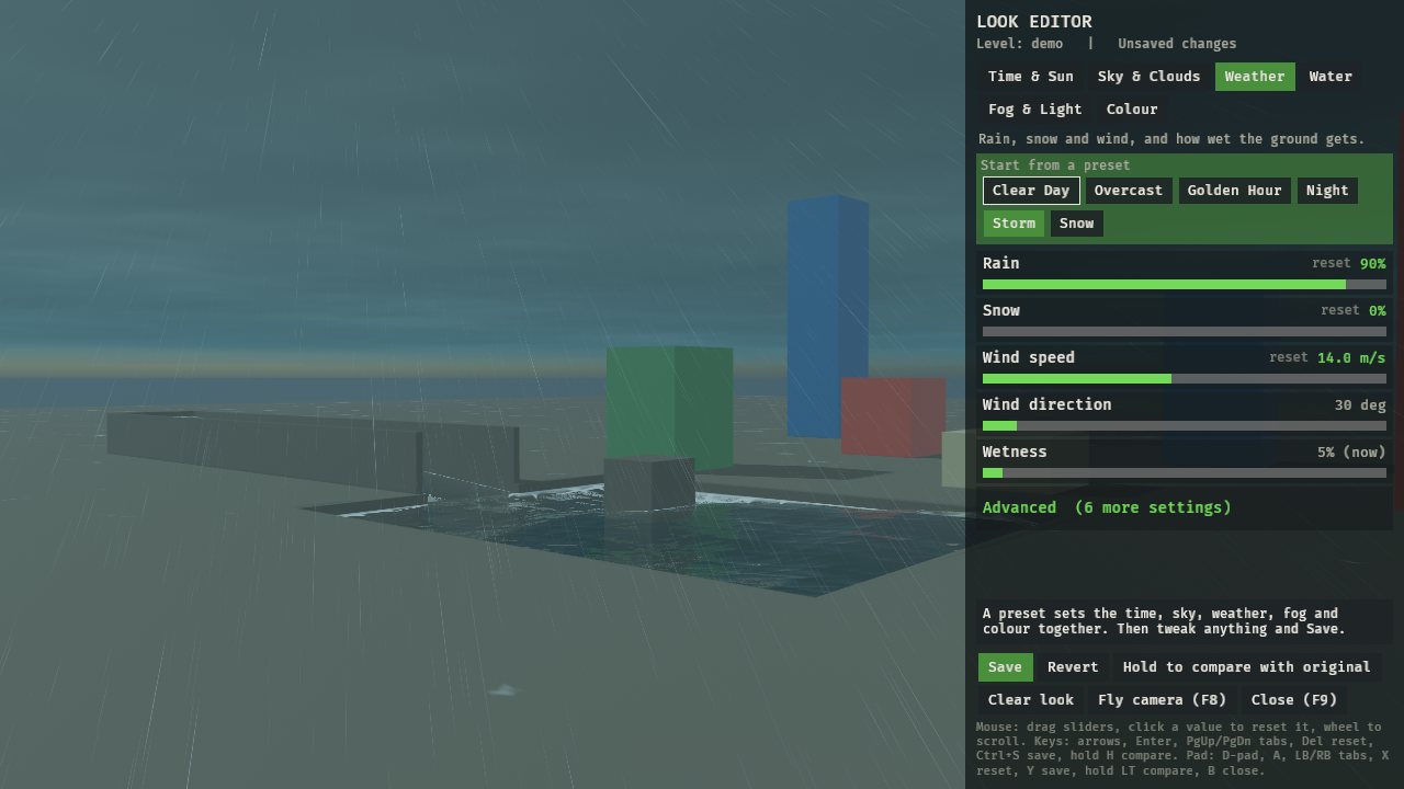 The look editor panel on the Weather tab: presets, sliders with units and a help line