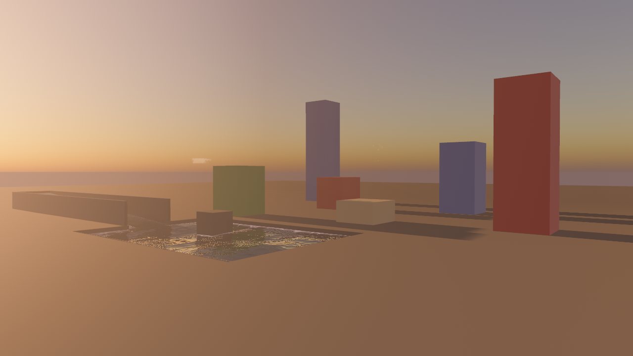 Golden hour over the demo scene: low warm sun, long shadows, clouds lit orange